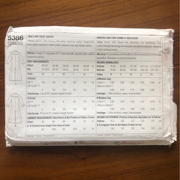 Matrix Adult Costume Pattern Simplicity ✨ Patterns 5386 Uncut ✨ A (XS-S-M-L-XL) - Picture 2 of 3